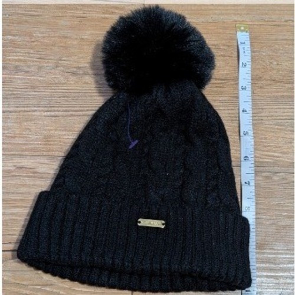 Steve Madden Black Cable Knit Beanie Faux Fur Pom Pom Winter Hat One Size